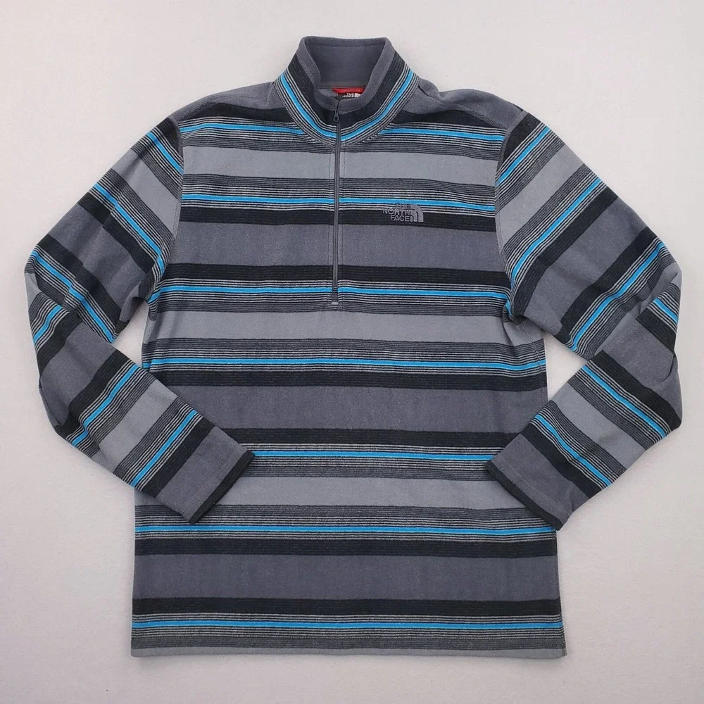 North Face Half Zip Pullover Mens Large Blue Gray Striped Fleece Shirt Outdoor